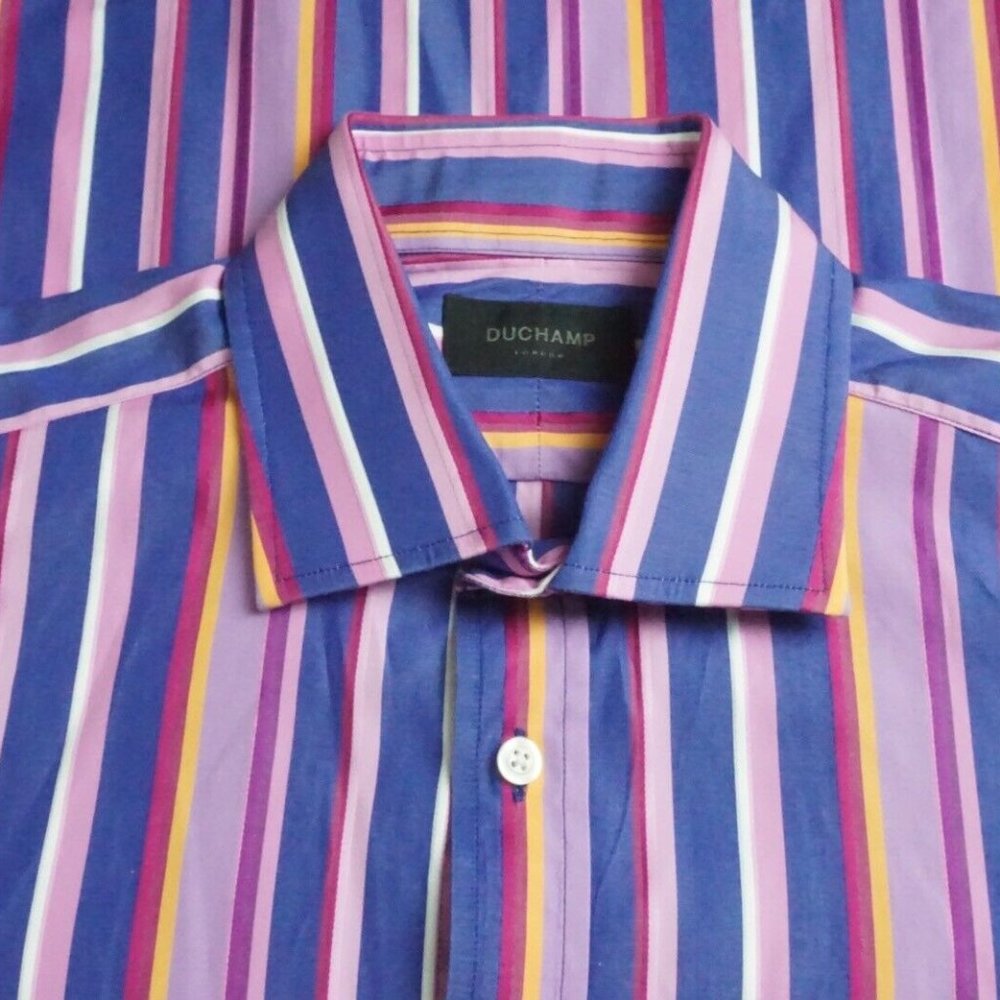 Duchamp London Bright Pink Yellow Blue Striped Cotton Dress Shirt Sz 16